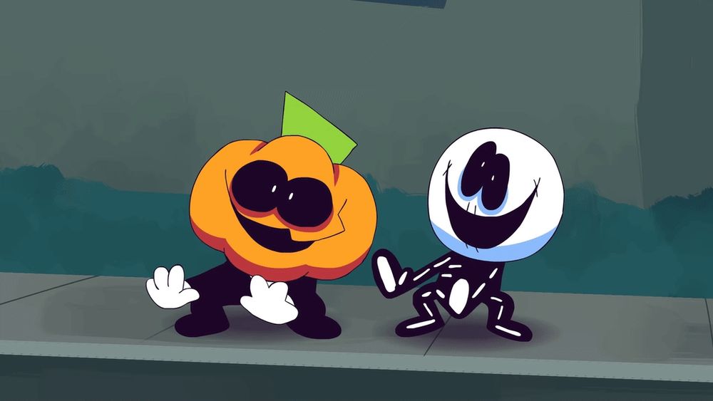 Boys in a skeleton and pumpkin costume doing the Spooky Month Dance.
