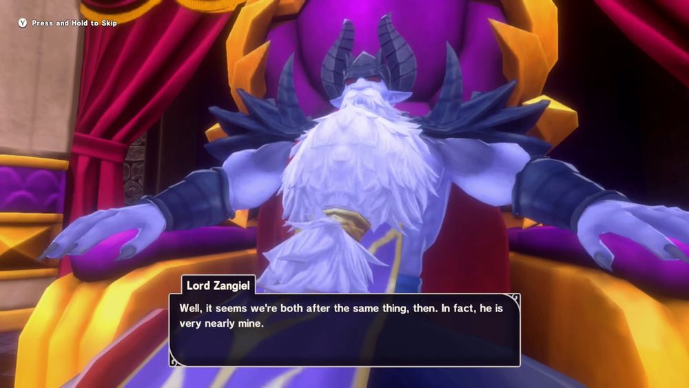 Screencap of Dragon Quest Monsters: The Dark Prince. A close up of Zangiel the Omniarch sitting in his throne. He's a heavily muscled warlord with lilac skin and a voluminous white beard that's tied toward the end with a gold band. The dialogue box says, "Lord Zangiel: Well, it seems we're both after the same thing, then. In fact, he is very nearly mine."