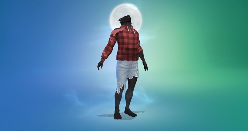 The Sims 4 screencap. Another one in the Create-A-Sim screen. The sim is transformed into a wolf with black fur. He's wearing the same jeans but now he's wearing a ripped up hoodie with a red tartan pattern. He's in the same howling pose but now the full moon is visible behind him.