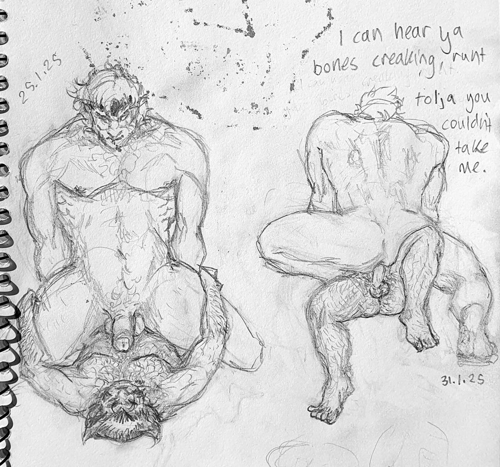 2 pencil sketches of Sabretooth riding Wolverine