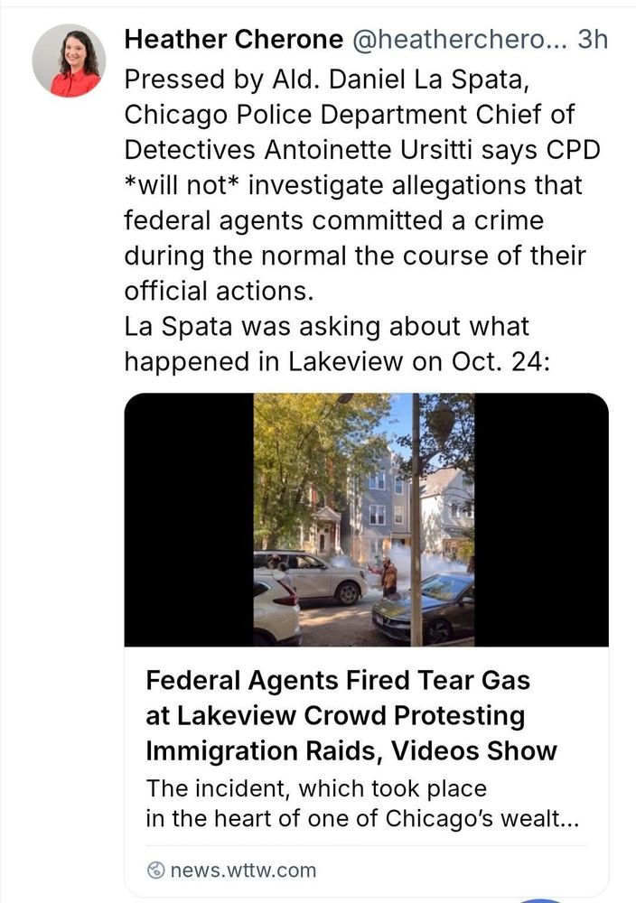 Chicago Police Department Chief of Detectives tells the city council that CPD will not investigate allegations that federal agents committed a crime during the normal course of their official actions (aka kidnapping people).