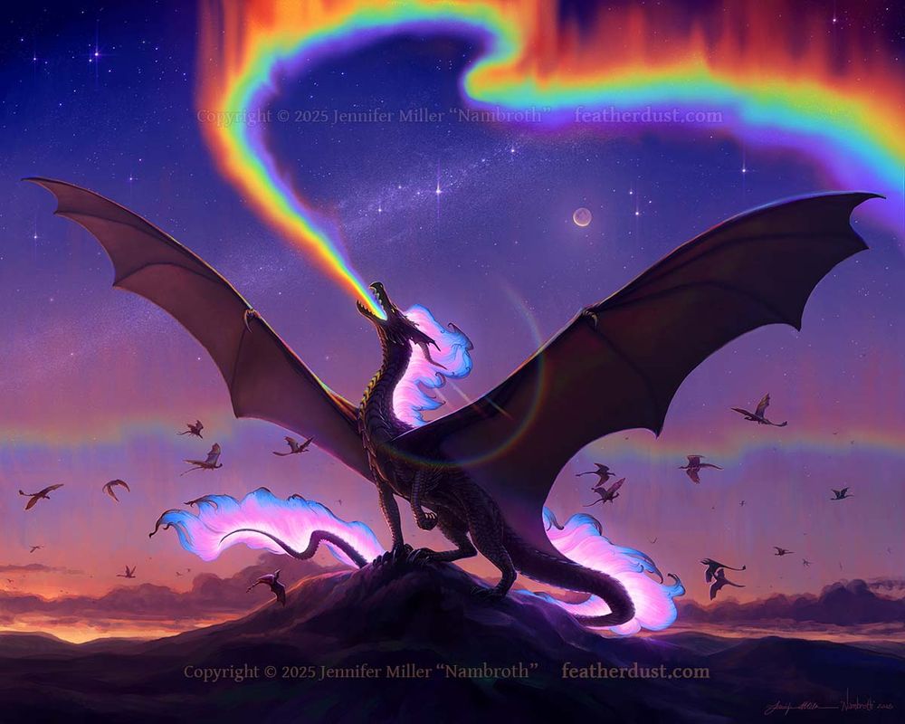 A digital painting showing a large dark colored dragon with a trans pride glowing mane down its entire spine, perched on hilltop, wings spread wide, head lifted to breathe a stream of rainbow fire. As the rainbow fire expands upward, it becomes an aurora. A flight of smaller dragons flow around it in flight, in various colors and shapes, but all dark against the twilight of the day. The sun has set, or is about to rise, and the stars are showing in the sky, along with the moon. The art is not subtle in its support for queer people. The mood is defiant and celebratory at the same time. The artist watermark reads Copyright 2025 Jennifer Miller Nambroth, featherdust dot com