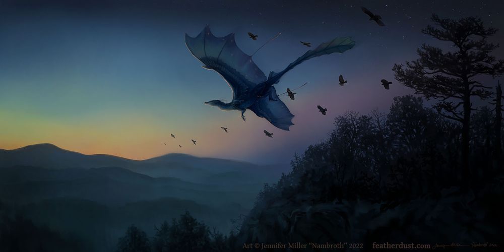 A digital painting of a wide format pre-dawn scene. The horizon is hilly and just starting to glow with a rainbow of early twilight, with some stars still out. Trees line a ridge on the right, with a white pine making a silhouette. A dragon is soaring down from above the ridge, wings wide. The dragon is blue with webbed and feathered wings, various tail and ear fans, and very subtle stars in the wings. Accompaning the dragon as a flock are thirteen crows. The scene is a bit haunting in the still pre-dawn morning way. The watermark reads: Art copyright Jennifer Miller "Nambroth" 2022 featherdust dot com