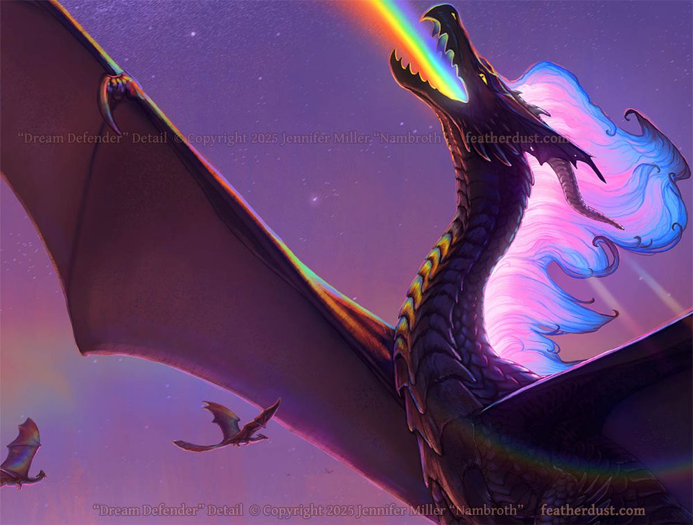 A closeup of the prior image, showing details of the large dragon's head and neck, as well as a bit of the smaller dragons. 