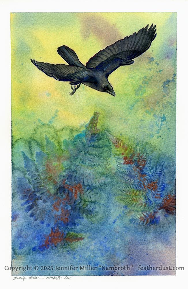 An 11.25 x 7.5 inch watercolor painting featuring a wash of warm yellows at top, fading to greens then blues at the bottom, and hints of dull rose here and there. In the glow of yellow at top, a crow has been painted in detail, wings open in flight and diving to the right. The bottom part of the painting had ferns placed onto it while it was wet, and metallic copper and iridescent blue pigments dropped in, so that once dry the impression of ferns remained. The artist watermark reads copyright 2025 Jennifer Miller Nambroth featherdust dot com
