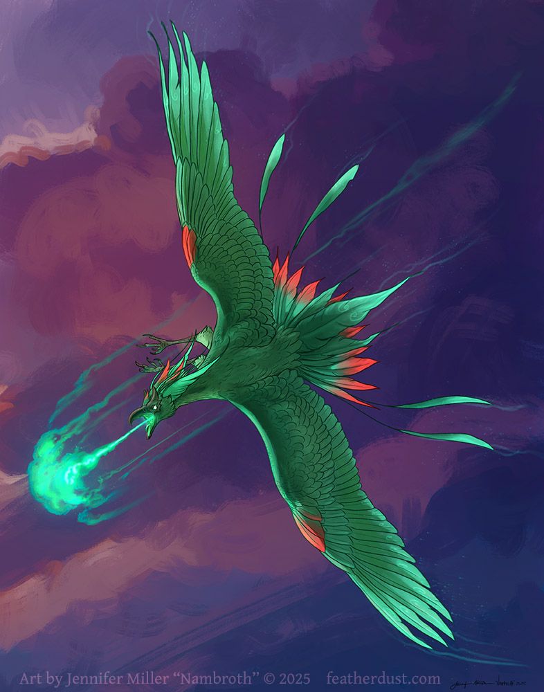 Digital painting of a phoenix like mythological bird, it is green with red tips on some of its feathers. Flying in a dynamic banking pose, with ethereal green fire blasting from its open beak, it looks like a powerful entity. Moody purple clouds make up the background. The artist watermark reads Art by Jennifer Miller "Nambroth" 2025 featherdust dot com