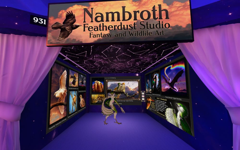 A VRChat screenshot of a virtual dealer's booth in dreamy purples with pink curtains. The front banner reads "Nambroth Featherdust Studio, fantasy and wildlife art" booth number 931. Inside, a 3D avatar of a green and white anthropomorphic bird with barred wings and a conbadge lanyard around it's neck poses like a weird gremlin in the center. The walls show various artworks by the artist. 