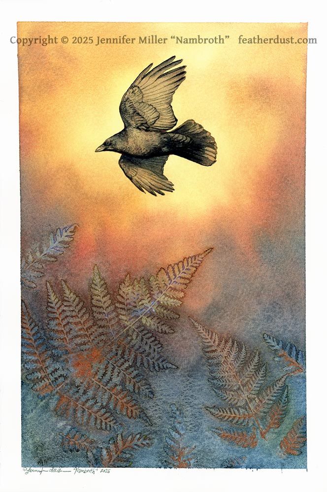An 11.25 x 7.5 inch watercolor painting featuring a wash of warm yellows at top, fading to reds then blues at the bottom. In the glow of yellow, a crow has been painted in detail, wings open in flight, soaring to the left. The bottom part of the painting had ferns placed onto it while it was wet, and metallic copper and iridescent blue pigments dropped in, so that once dry the impression of ferns remained. The artist watermark reads copyright 2025 Jennifer Miller Nambroth featherdust dot com
