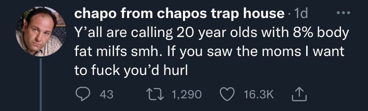 A tweet by a user that goes by "chapo from chapo's trap house". The tweet says "Y'all are calling 20 year olds with 8% body fat milfs s m h. If you saw the moms I want to fuck you'd hurl"