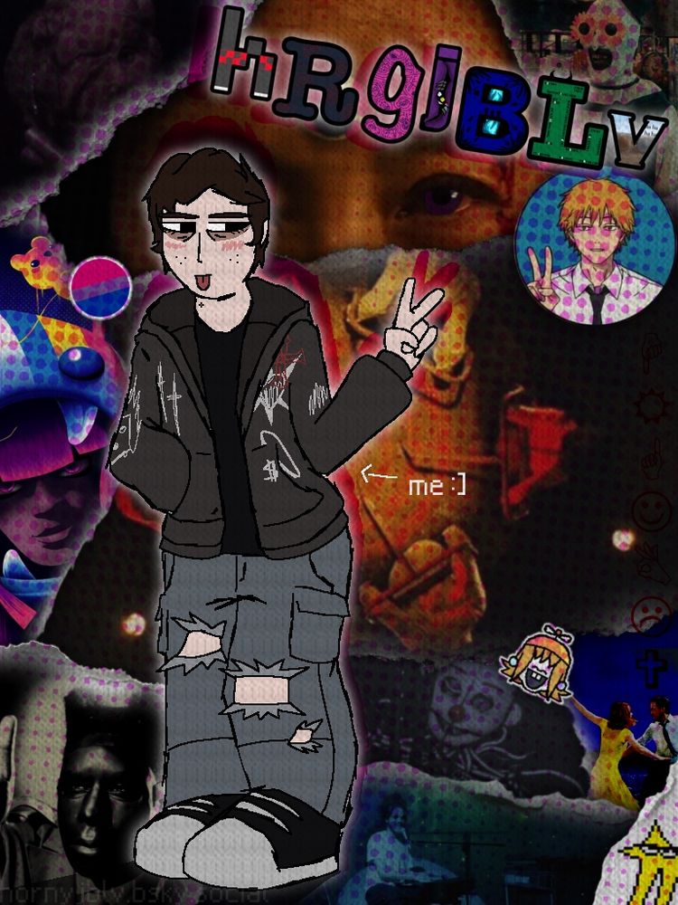 a lil drawing of me with a cool collaged background
