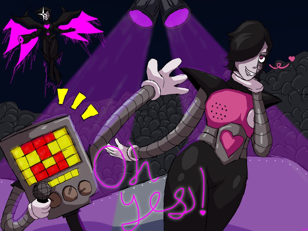 a drawing consisting of all 3 forms of mettaton (mettaton, mettaton ex and mettaon neo) from undertale. regular mettaton and mettaton ex stand on a lit up stage together, thousands of fans watching on. mettaton has his arm in the air and a microphone in his hand, where as ex has one arm flowing off to the side, his other hand coming up to rest on his chin as he grins almost flirtatiously. purple spotlights are shined down on them. in the night sky, mettaton neo can be seen flying around with his legs crossed and his arms wide, a wicked grin on his face as one of his eyes shines bright white. fancy pink text at the bottom reads “oh yes!”, being a quote from mettaton ex. 