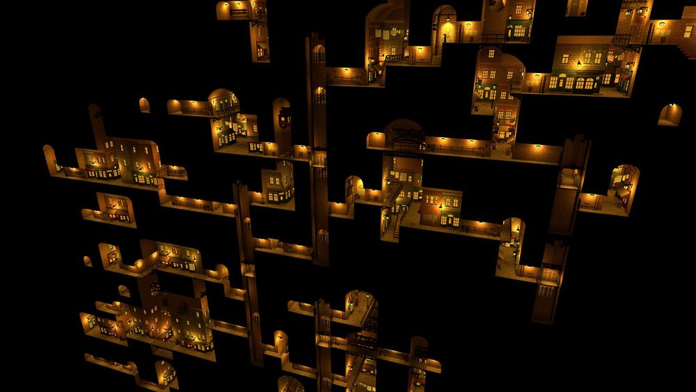 Screenshot of a building game showing underground Victorian-style streets, houses, tunnels, bridges and other features.