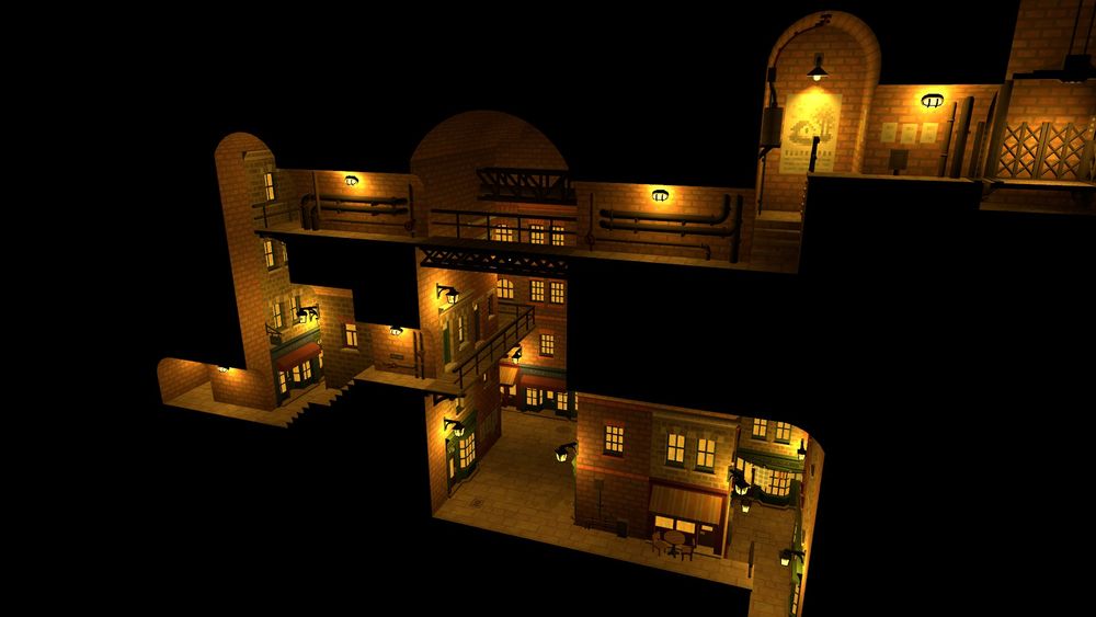 Screenshot of a building game showing underground Victorian-style streets, houses, tunnels, bridges and other features.