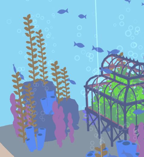 a game screenshot showing rocks with seaweed and corals, fish, and a greenhouse