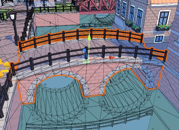 A screenshot showing the wireframe meshes of a building game, with a bridge highlighted