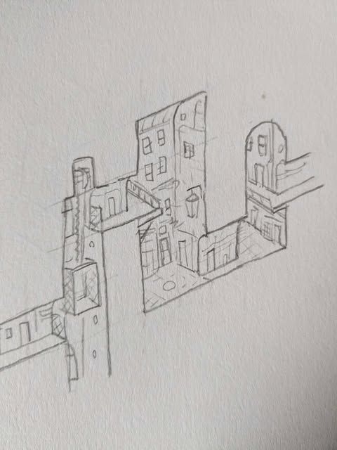 a sketch of a cross-section of underground streets, with tunnels and an elevator