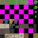 The texture atlas for my game Coal Toy, with windows, walls, terrain and tree textures.