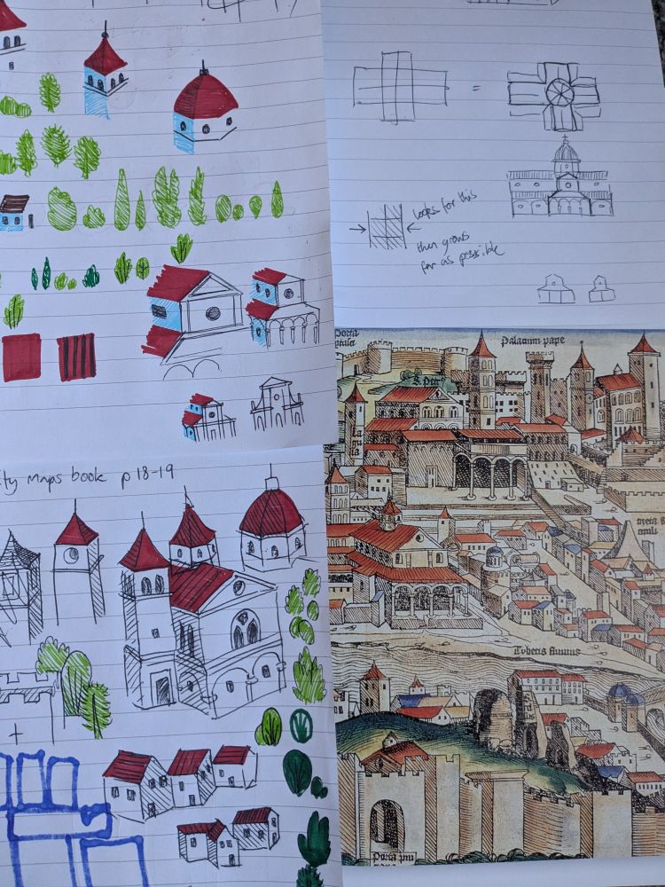 Various sketches of buildings and a section of a 1493 map of Rome from the Nuremberg chronicle 