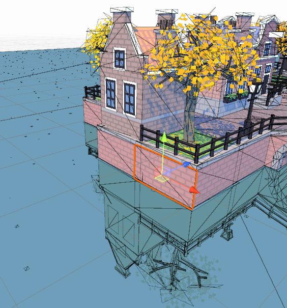 A screenshot showing the wireframe meshes of a building game, with a wall highlighted