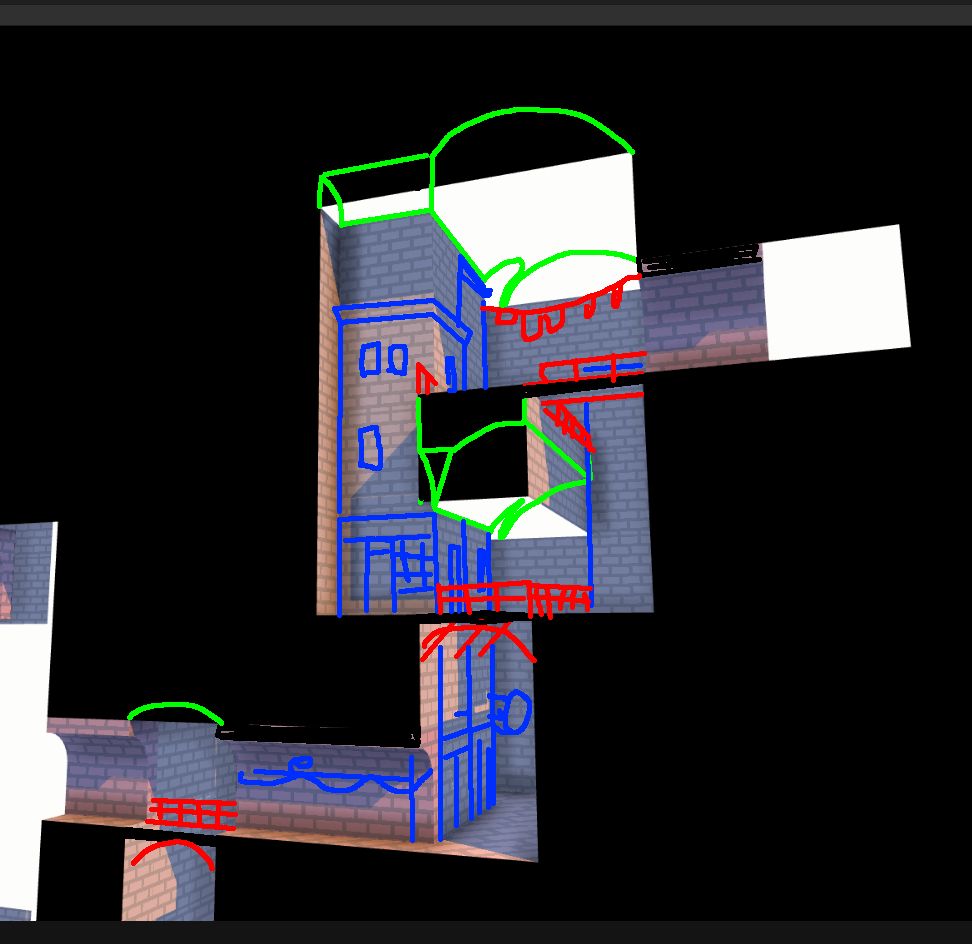 a screenshot from the development of Vaulton, showing an early version of the game with concept sketches drawn over it