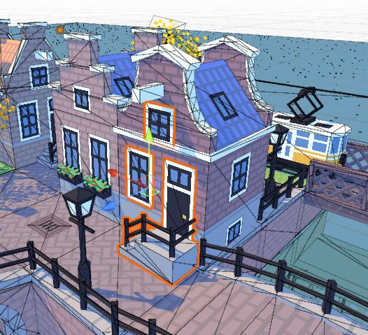 A screenshot showing the wireframe meshes of a building game, with house details highlighted