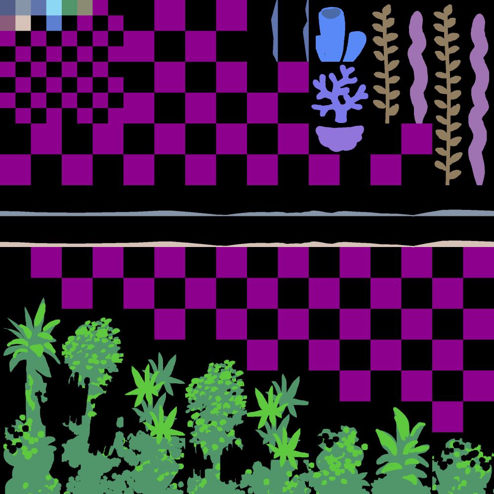 The texture atlas for my game Fish Tank Greenhouse, with various plant textures on a grid.