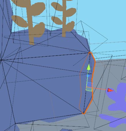 a screenshot of the meshes of a game where the mesh on the edge of a rock voxel is highlighted