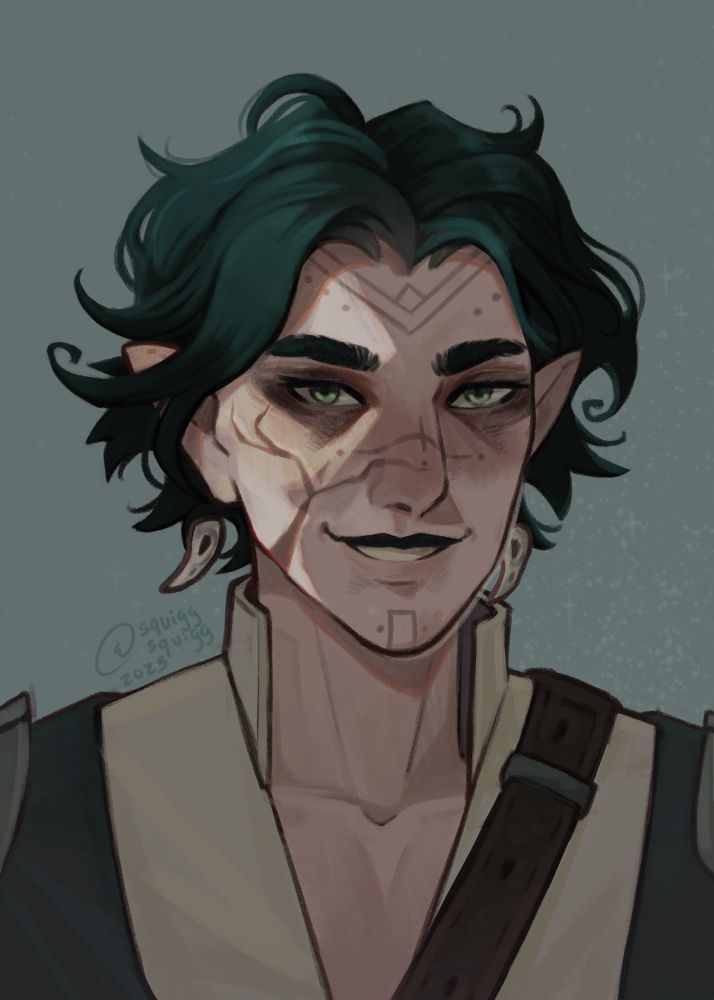 Digital portrait of an elf with dark green hair, smiling toward the viewer. He has a dark circles around his eyes, a scar across one side of his face, and bird skull earrings.