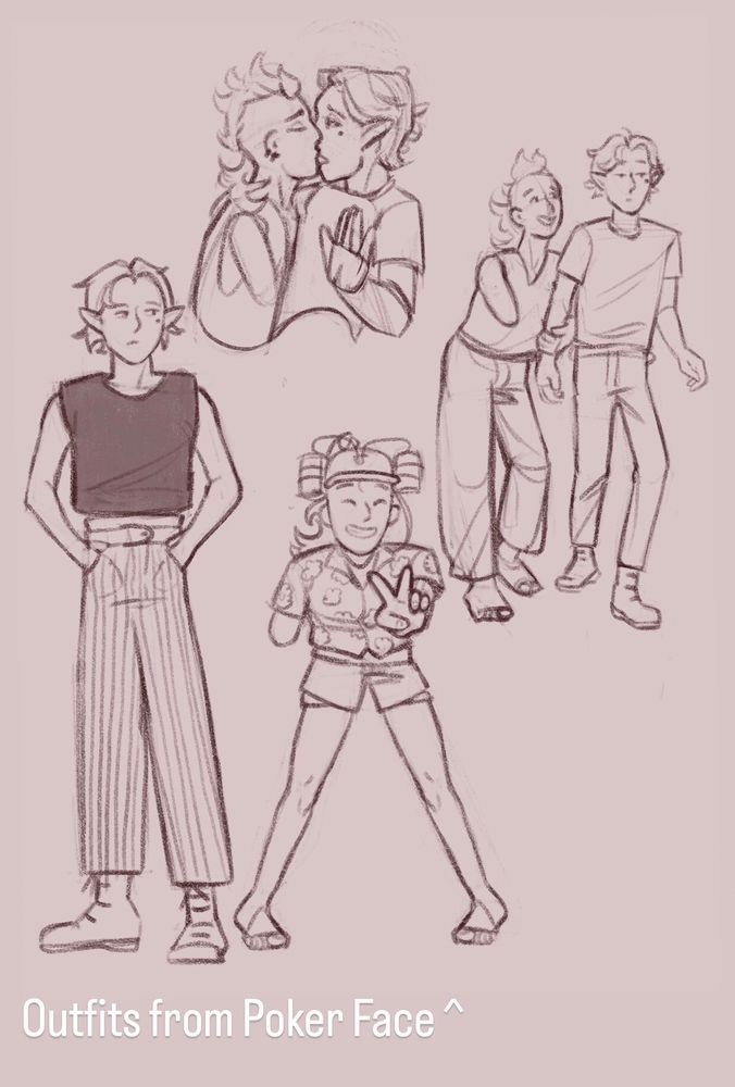 Page of doodles of an elf and fire genasi. First is fire genasi leaning in to kiss the elf who tries to back away from it. Second is the elf and genasi walking, with the genasi holding the elf’s arm and smiling up at him. Final are doodles of outfits from Poker Face. Elf is in high waisted striped pants and a dark cropped shirt, posed looking like a serious model. Fire genasi is in short shorts, a Hawaiian shirt, and wears a drink hat, posing silly and happily toward the viewer.