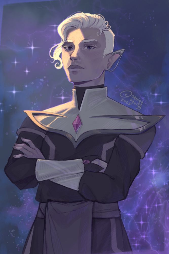 Digital painting of a drow with purple skin and white hair looking disdainfully at the viewer with their arms crossed. He is wearing purple robes with silver adornments and stands in front of a galaxy-esque purple background.