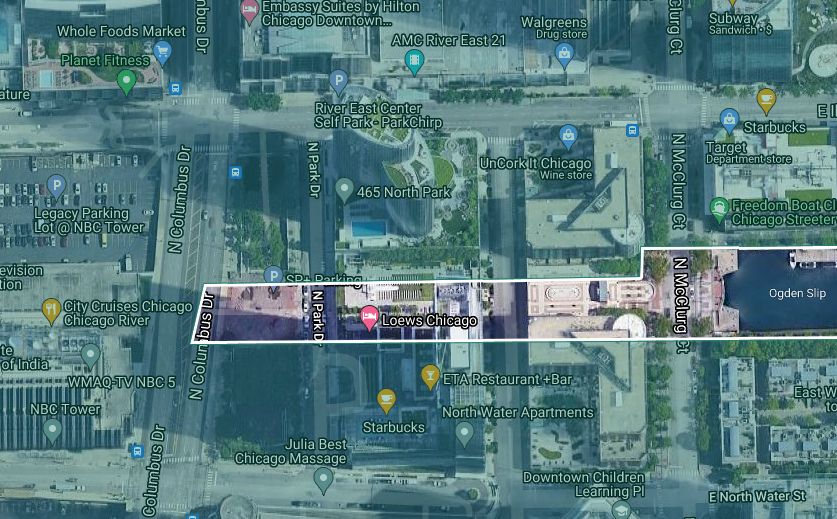 Satellite view of downtown Chicago with congressional district map overlay, showing several block are not included in any district.