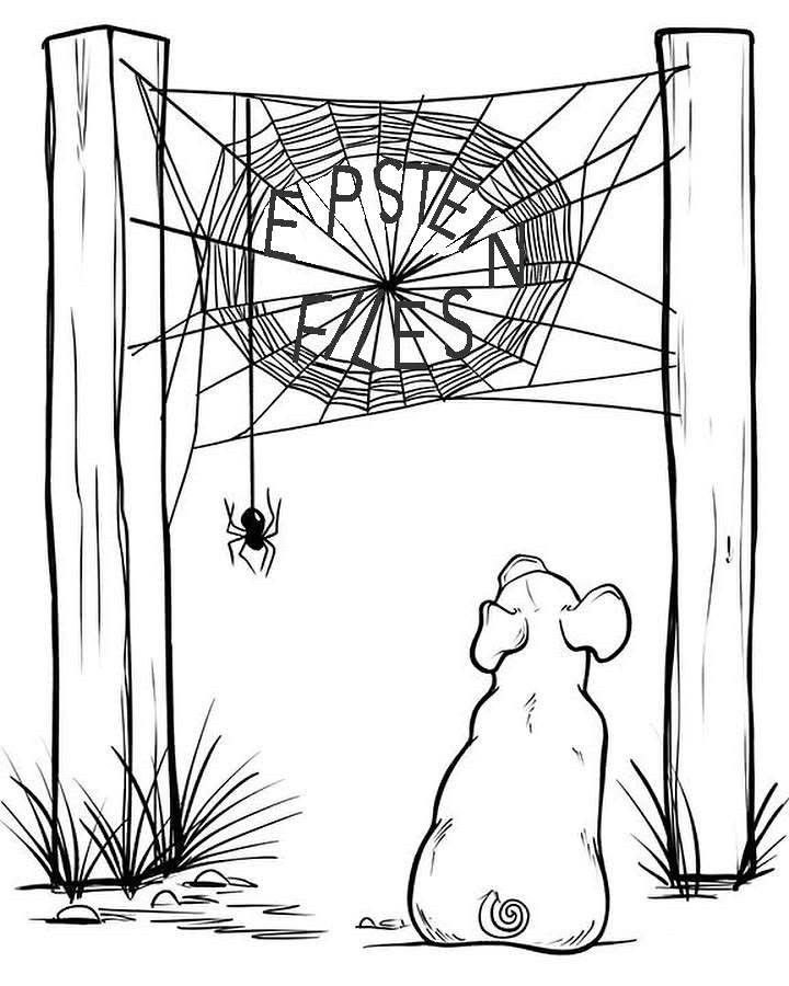 A scene from Charlotte's Web. Charlotte the spider has written "Epstein Files" on her web, while Wilbur the pig looks on. 