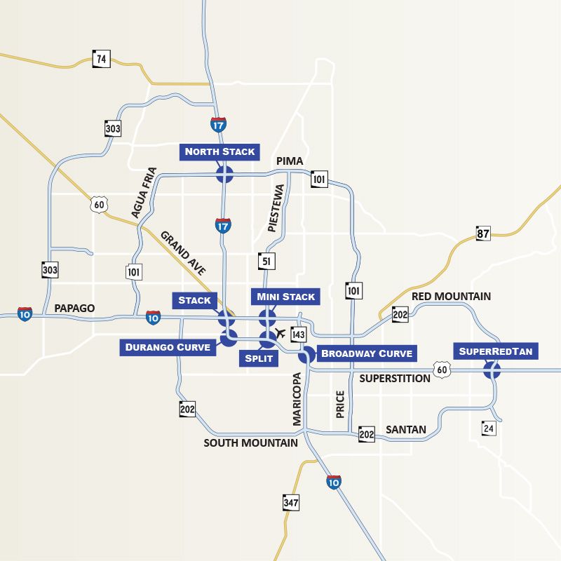 ADOT-provided map of phoenix highways showing different highway nicknames and interchange names including the north stack, stack, minis tack, split, durango curve, broadway curve,and SuperRedTan