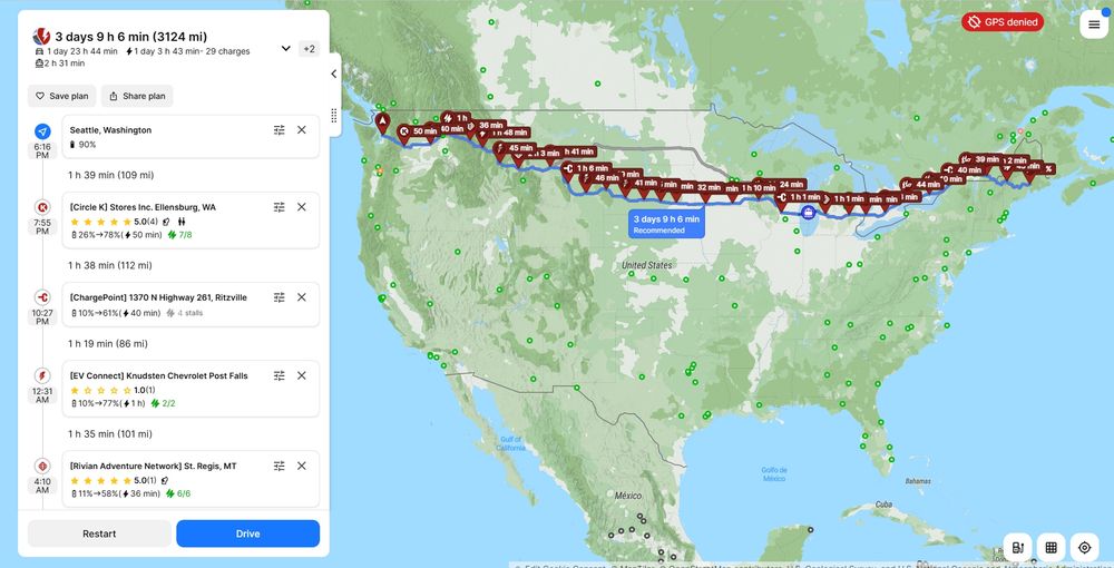 screenshot of A Better Route Planner showing a route from Seattle to Bangor with charging stops set up for a 2017/18 Chevrolet Bolt w/o NACS adapter