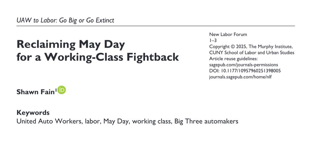 Screenshot of an article by Shawn Fain in the New Labor Forum titled "Reclaiming May Day for Working-Class Fightback" published ahead of print on November 26, 2025.