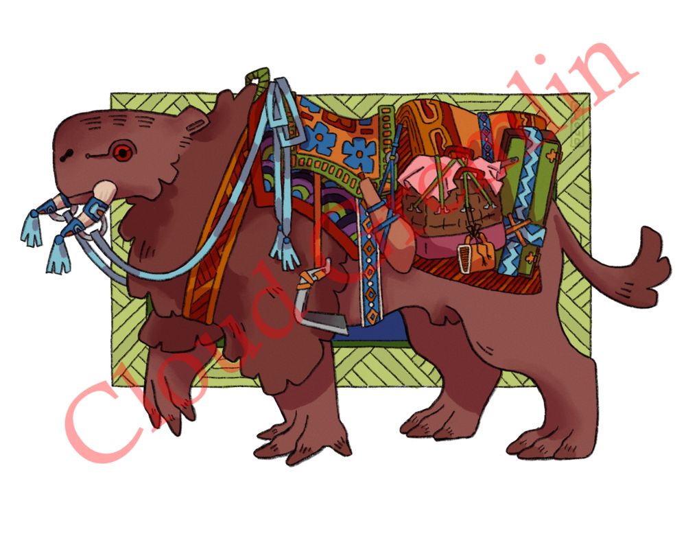 A brown, shaggy quadrupedal animal with rat-like toes, a swishy-fur tail, two small tusks, a capybara shaped head and thicker fur around its neck. It has gear on its back for travelling. A certified friend 
