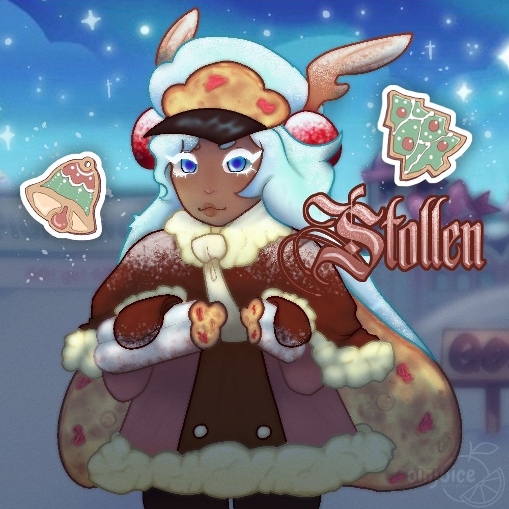 A drawing of the character "Stollen Cookie" from the game Cookie Run Oven break. She is looking ahead of herself, standing in front of a snowy backdrop and holding a stollen loaf that's been cut in half in her hands.