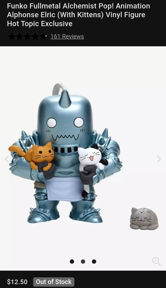 Hot Topic listing of Out of Stock $12.50 Funko Pop! Alphonse Elric with Kittens vinyl figurine.