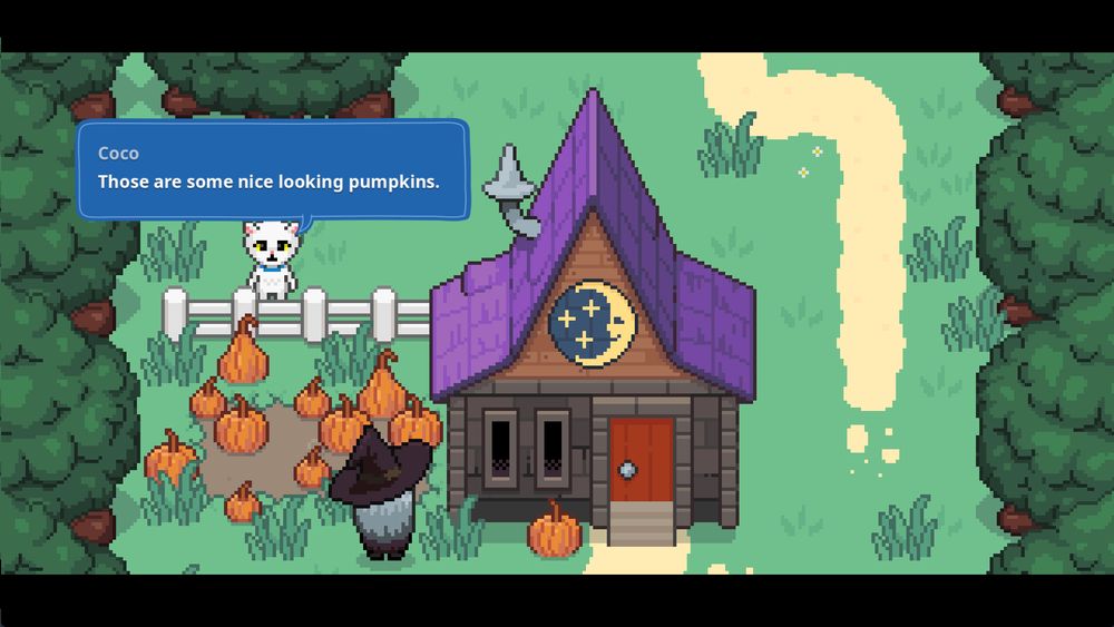 Screenshot of Bravest Coconut where Coco is looking at Ivy's crop of pumpkins.