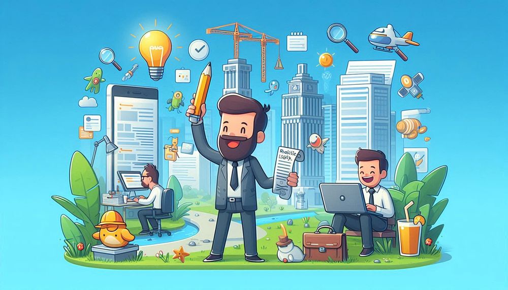 Cartoon-style illustration of happy business people working outdoors in a city park, surrounded by technology icons, office tools, and playful elements like a duck in a hard hat and flying gadgets.