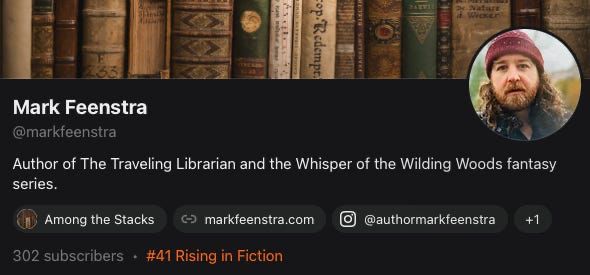 Screenshot of Mark Feenstra's substack profile showing the #41 in Rising Fiction tag.