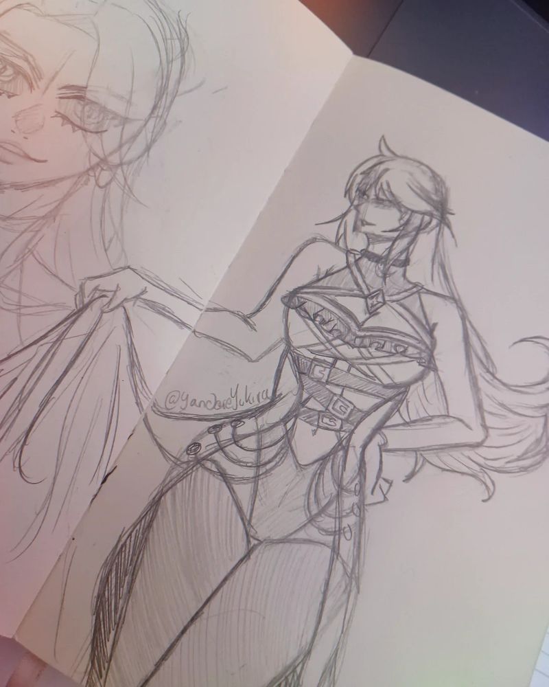 sketch of a fantasy female character with long, flowing hair, wearing an intricate outfit with armor-like details, and holding a cloth gracefully