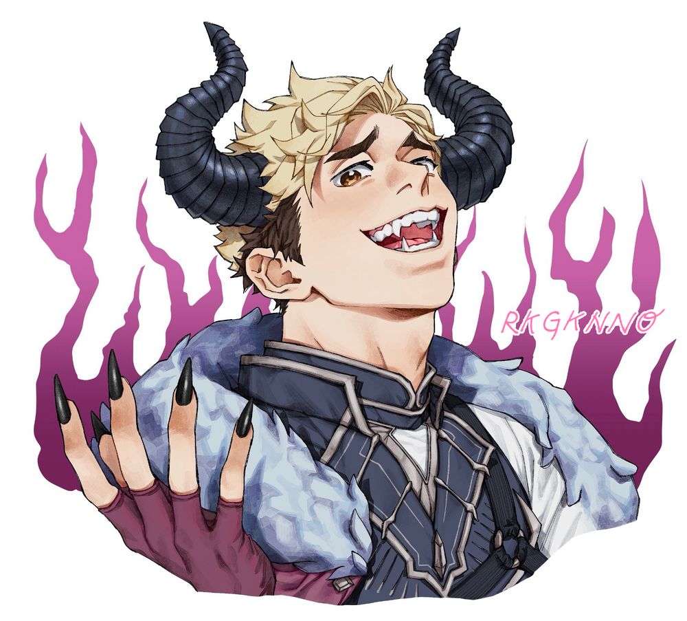 Headshot of timeskip Demon Miya Atsumu from Haikyuu. He has swirly horns and fangs and is looking down slightly at the viewer with an open mouth smile. 