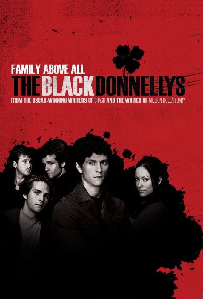 Graphic for the tv show “The black donnellys”. Black and white character photos on a red background with some black ink splotches
