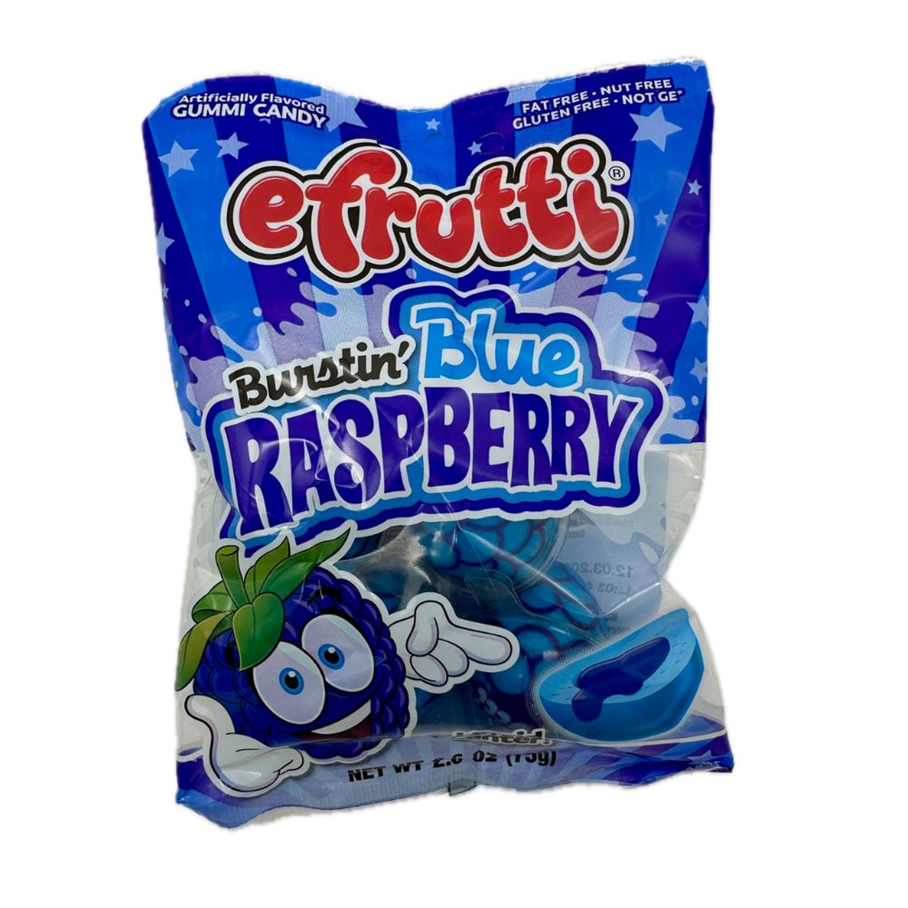 A bag of efrutti Burstin' Blue Raspberry gummy candy. The bag itself is blue and striped, the bottom half of it being transparent so you can see the candy inside. The candy itself is a blue, round cone shaped gummy, which is individually packaged in a plastic container designed to make it look more like a raspberry. It's full of a deep blue candy syrup. On the top of the bag, there's a bubbly red efrutti wordmark logo, and below it is a flashy wordmark which reads "Burstin' Blue RASPBERRY". There's a corny cartoony blue raspberry mascot on the bottom left corner of the bag. With a cartoon-gloved hand, it's pointing at an illustration of the candy cut in half, showing its liquid center. [End of alt text]