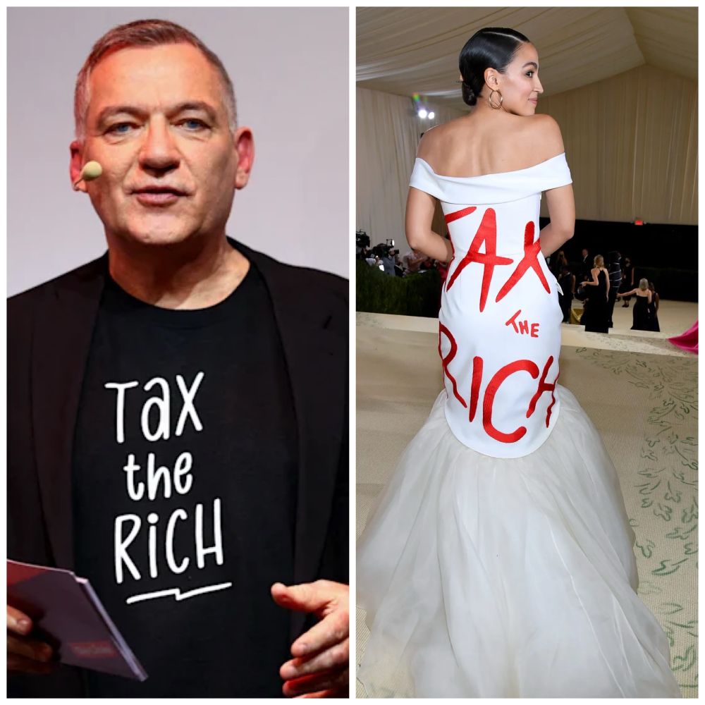 Two pictures in one: on the left a Jan van Aken from the German party “die linke” in a black shirt that says “tax the ritch”. On the right Alexandria Orcasio-Cortez in a white ballgown that says in red big letters “tax the ritch”