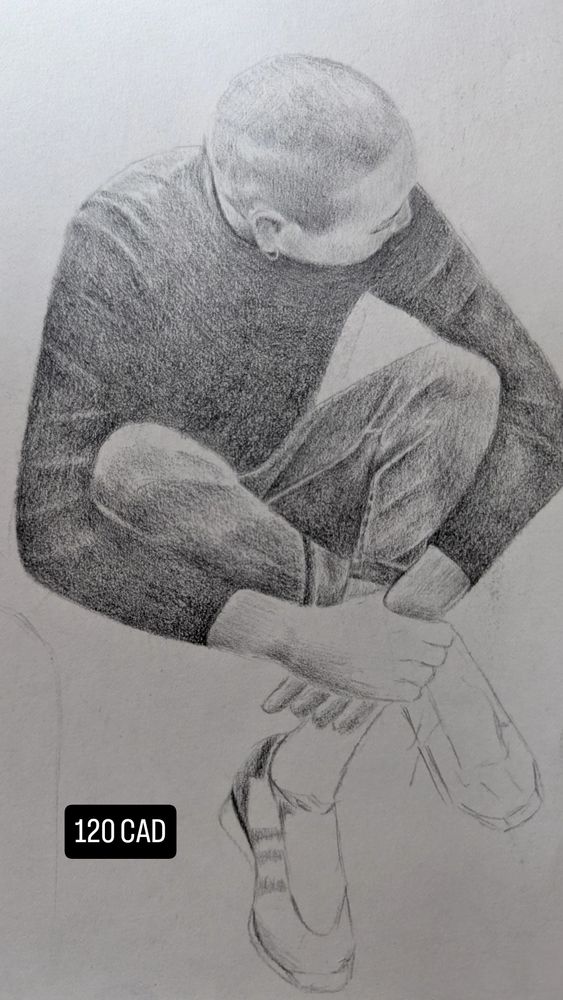 Pencil drawing of a contemplative man with his legs and arms crossed 