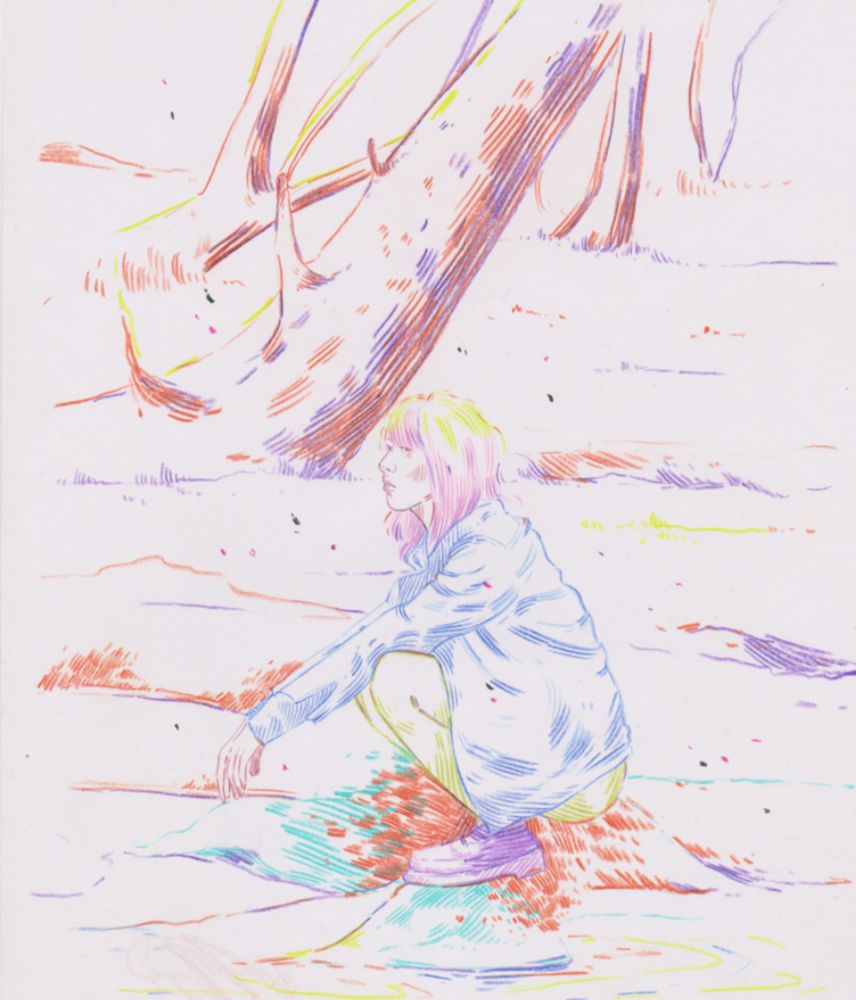 A coloured pencil drawing of a woman sitting on a rock in the woods. 