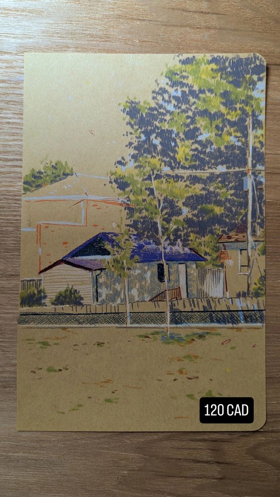 Pencil coloured drawing of a house with a tree in front of the house 