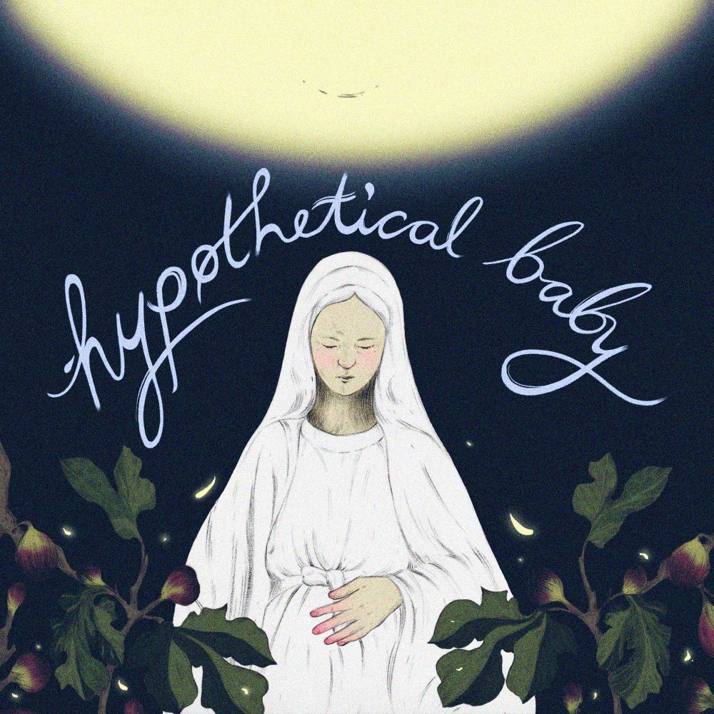 A glowing yellow pregnant belly sit over head. Illustrated image of the Virgin Mary in white holding her belly and framed by fig tree branches on a dark navy blue background with glowing yellow petals falling around her.